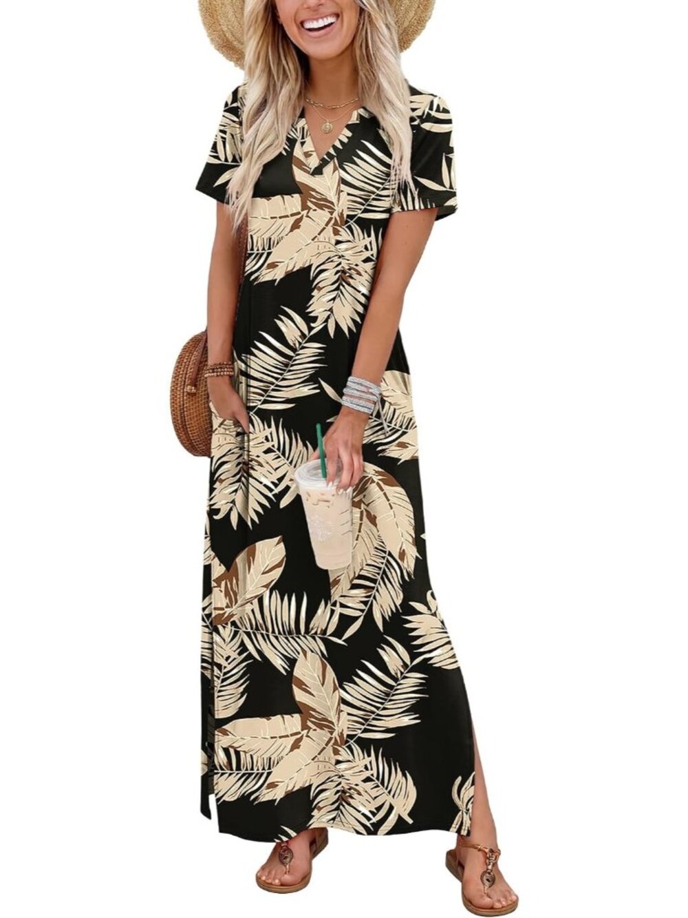 〽️Beige Leaf Maxi Sundress Women's Short Sleeve V Neck Beach Vacation Dress